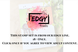 An EDGY Line label card noting this red rubber stamp set is adults-only, 18+ content.
