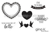 Stamp sheet for You Had Me At Hello: a scalloped lace heart outline, a solid heart, two love birds carrying a heart, and the sentiments 'I'm yours Forever' on a banner, 'You had me at hello' and 'Happy Valentine's Day'.