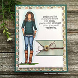 Rustic wood card of Aleah in navy, 'smile and let everyone know that today you're a lot stronger than you were yesterday'