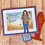 Stenciled kraft card of Aleah Girl with the GROWN sentiment beside the red rubber stamp