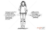 Red rubber stamp art of Angie Blom's Aleah Girl with GROWN and stronger-than-yesterday sentiments