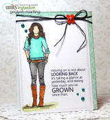 White card of Aleah Girl in a teal sweater and boots with 'how much you've GROWN' sentiment and black bow