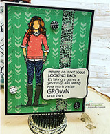 Green chevron card of Aleah in a coral sweater, 'moving on is not about looking back' sentiment