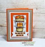 Orange-matted card with a hand-colored to-go coffee cup and peeking cats, stamped 'THE PURR-FECT CUP JUST FOR YOU.'