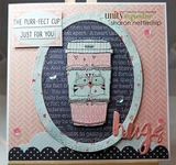 Card with the coffee cup and cats over an oval frame, stamped 'hugs.'