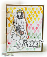 Card of the girl over a watercolor argyle background with the LOVE sentiment.