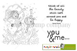 Beauty Around You stamp sheet: a girl and a boy lying on their backs among blossoms with arms outstretched and petals floating, with 'think of all the beauty still left around you and be happy Anne Frank' and 'you & me' with little hearts