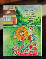 Watercolor card with the two children in orange and blue lying in a garden of pink and red flowers in front of a yellow house, with the 'think of all the beauty still left around you and be happy' quote in the sky