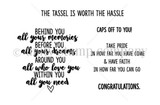 Sentiments for Graduates stamp kit with five sentiments including 'The tassel is worth the hassle' and 'Caps off to you!'