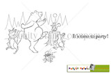 Party Animals stamp sheet: a bear dancing among pine trees with a fox, a rabbit, a squirrel on a tree stump and a cricket playing a fiddle, with 'It's time to party!'