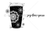 Line-art stamp of a snowflake-covered coffee travel mug with 'joy love peace.'