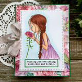 The braided girl in a purple dress on a rose-print card with 'Wishing you everything wonderful and lovely' on the sample.