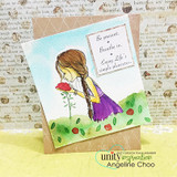 The braided girl in a purple dress on a grassy scene over script paper with 'Be present. Breathe in. Enjoy Life's simple pleasures.'