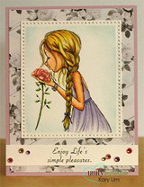 The braided girl in a purple dress on a soft vintage card with 'Enjoy Life's simple pleasures.'