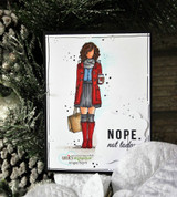 Handmade card with Angie Blom's Tricia Girl, a chic AngieGirl in a coat and tall boots holding a coffee cup and shopping bag, sassy sentiment 'NOPE. not today.'.