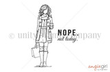 The Tricia Girl red rubber stamp shown as line art: a stylish AngieGirl with coffee and a shopping bag and 'NOPE. not today.' sentiment, by Angie Blom.