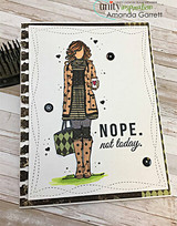 Tricia Girl card, the fashion figure colored in cozy autumn tones on a coffee-stained background, 'nothing goes better with coffee than a good friend'.