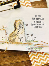 Card with a colored shaggy dog holding a dandelion and 'No one has ever had a better friend than you.'