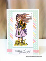Card with the sunflower girl and a 'sending blessings your way' sample sentiment.
