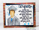 Grad in a gray gown with a blue tie, 'Congrats, behind you all your memories,' brick-print border.