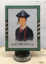 Grad in a dark gown on a gray card with a striped panel, 'Congratulations couldn't be more proud of you.'