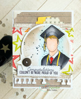 Grad in a dark gown, 'Congratulations couldn't be more proud of you,' with star confetti.
