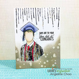 Grad in a blue cap and gown with a sequined tassel, 'Caps off to you! You did it! Congrats,' over dripping black.