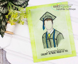 Grad in a dark gown on a green card, 'Congratulations couldn't be more proud of you.'