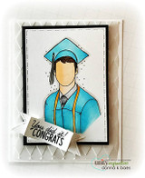 Grad in a teal cap and gown with 'You did it! Congrats' on a diamond-embossed white card.