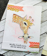 Card with the giraffe pair softly colored, 'Hello little one, we've been waiting for you'