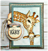 Layered card with the giraffes colored and a 'welcome baby' tag
