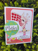 Card with the giraffes over pink polka dots and a 'Mother' circle sentiment