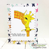 Star-print card with the giraffes colored yellow, 'Hello little one, we've been waiting for you'