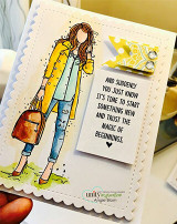 Card with the AngieGirl in a yellow jacket and jeans and 'And suddenly you just know it's time to start something new...'