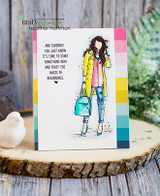 Card with the girl beside a rainbow color-block strip, 'And suddenly you just know it's time to start something new...'
