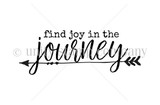Hand-lettered 'find joy in the journey' sentiment stamp with a whimsical arrow flourish, shown stamped in black ink.