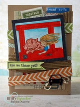 Sample card: the girl and dog colored inside a red car window on kraft with road trip tags, chevron washi and an 'are we there yet?' banner