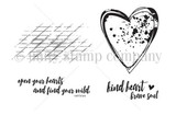 Stamp sheet: a distressed crosshatch grid, a double-outlined heart with ink splatter, and sentiments 'open your hearts and find your wild. -atticus' and 'kind heart brave soul'.