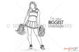 Spark Girl stamp sheet: a faceless cheerleader with long wavy hair in a pleated uniform and sneakers holding a pom-pom in each hand, plus 'I'm your BIGGEST cheerleader'.