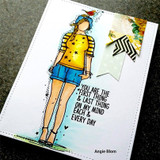 Card with Wren Girl in a mustard star tee, blue shorts and a blue cap with a red bird, black and white chevron banners, and the 'YOU ARE THE FIRST THING & LAST THING ON MY MIND EACH & EVERY DAY' sentiment