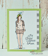 Card with Wren Girl in a soft grey tee and khaki shorts with a blue bird, the 'May your heart be Brave' sentiment and a black stitched strip, matted on lime green