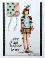 Card with Wren Girl in red and teal with brown shorts, a bird on her head, star and chevron washi strips tied with twine, black polka dot borders and the 'May your heart be Brave' sentiment