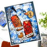 Bright blue mixed-media card with grunge splatter, a beer-can motif and 'Relax & chill.'