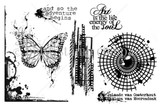 Red rubber stamp sheet: a butterfly, a city skyline, a splattered bullseye grid, 'and so the adventure begins' and 'Art is the life energy of the soul.'