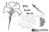 Line-art stamp sheet with a tall ruffled flower, a script writing background, chicken wire, an ink splatter, and the words hug, kiss and smile.