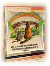Plaid pillow-style card with the pets at the bridge — all that we love deeply becomes a part of us