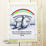 Soft striped card with red rainbow over the stone bridge and waiting pets
