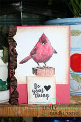 Pink and cream card with a ruffled ribbon spine, the bird stamped in rosy tones on a stitched panel above a 'Do your thing' block.