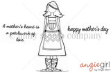 Stamp sheet: Sadie girl, a faceless girl in an apron dress with a zigzag pocket and polka-dot rain boots, with sentiments 'a mother's heart is a patchwork of love.' and 'happy mother's day'.