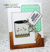 Card with the smiling mug colored grey with a green zigzag band, framed on white over a mint pierced panel, with a twine-tied 'HAPPY BIRTHDAY a little latte' tag.
